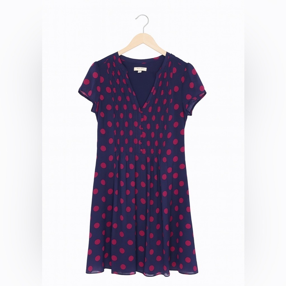 Prelude Women’s Size 12 Navy Blue Chiffon Dress with Maroon Polka Dots.